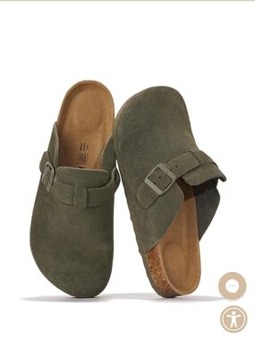 Olive Suede Slip-On Clog Sandals with Buckle